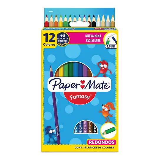 Colores Paper Mate redondos 12 colores   Lapices de colores paper mate de madera con mina resistente de 4.0 mm  ,caja c/12 colores +3 metalicos de regalo (15 lapices en total)                                                                                                                          .                                        - PAPER MATE