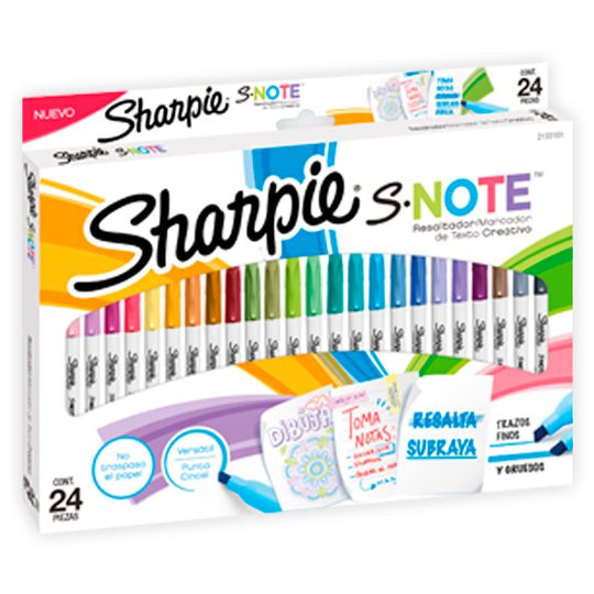 Sharpie snote paqueta con 24 resaltadore Sharpie snote  paquete con 24 piezas , marcador de texto creativo, no traspasa el papel. Punta biselada: ofrece trazo grueso y fino. Resalta y subraya. Para dibujar, tomar notas, etc.                                                                         s colores surtidos                       - SHARPIE