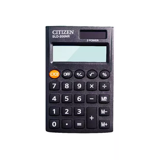 Calculadora básica CITIZEN de 8 dígitos Pantalla de 8 dígitos, porcentaje regular, raíz cuadrada, cambio de signo (+/-), alimentación dual power, pila tipo botón (lr1130), estuche tipo cartera, dimensiones 14 x 68 x 126 mm, peso 40 (g) - SLD-200