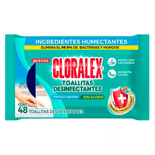 Toallitas Cloralex desinfectantes c/48   Desinfectantes marca Cloralex, con ingredientes humectantes, elimina el 99% de virus y bacterias, fresco aroma sin cloro, no irrita                                                                                                                             .                                        - QUI0036AN