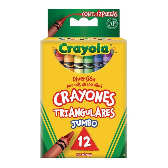 Crayones Crayola triangulares 12 piezas  hechos con cera firme y no tóxica. trazos precisos y cómodos por su tamaño, cera no tóxica, paquete con surtido de colores, cada crayón esta envuelto en material poroso.                                                                                       .                                        - 524312