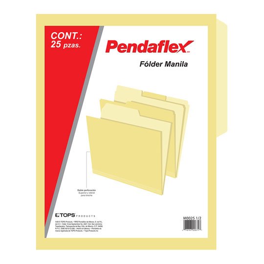 Folder manila Pendaflex carta color crem Papel manila stock de 9.5 pts., pre-suajado superior y lateral para broche de 8 cm, dobleces adicionales para expansión de hasta 2 cm, paquete con 25 piezas.                                                                                                   a ceja 1/2 caja con 25 pzas              - PENDAFLEX