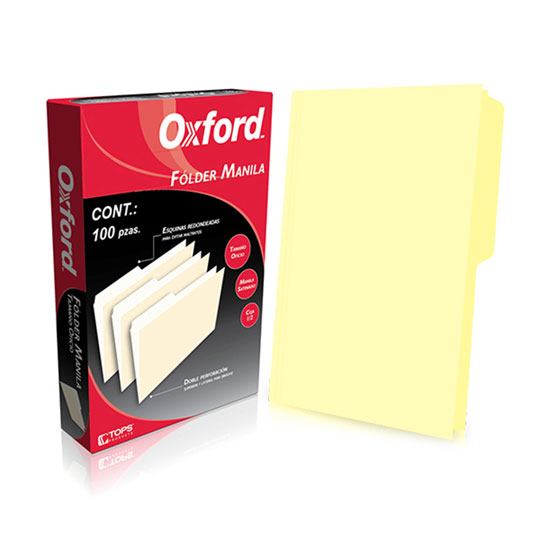 Folder manila Oxford oficio color amaril Papel manila color stock de 9 pts., pre-suajado superior y lateral para broche de 8 cm, dobleces adicionales para expansión de hasta 2 cm, caja con 100 piezas.                                                                                                 lo ceja 1/2 caja con 100 pzas            - M751 1/2 YEL