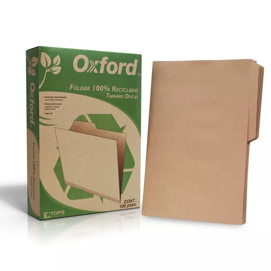 Folder reciclado Oxford oficio ceja 1/2  Papel 100% reciclado, pre-suajado superior y lateral para broches de 8 cm, dobleces adicionales para expansión de hasta 2 cm, caja con 100 piezas.                                                                                                              caja con 100 pzas                        - OXFORD