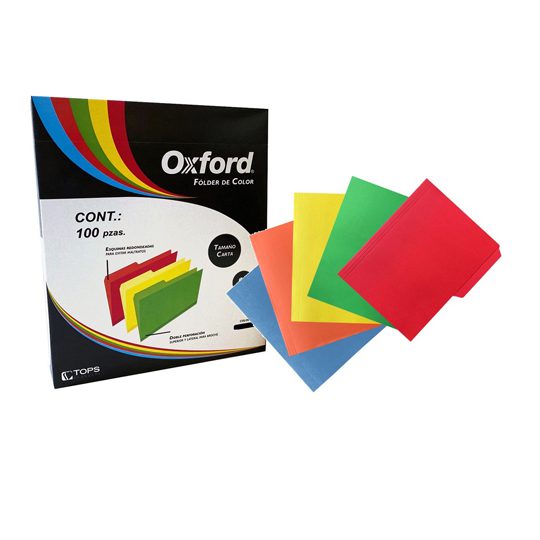 Folder de color Oxford carta colores sur Papel de color de 164 g, pre-suajado superior y lateral para broche de 8 cm, dobleces adicionales para expansión de hasta 2 cm, colores: amarillo, azul, rojo, verde y naranja, caja con 100 piezas (20 de cada color). - OXFORD