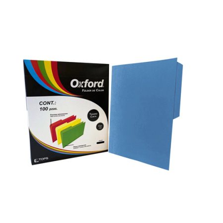 Folder de color Oxford carta color azul Papel de color de 164 g, pre-suajado superior y lateral para broche de 8 cm, dobleces adicionales para expansión de hasta 2 cm, caja con 100 piezas. - OXFORD