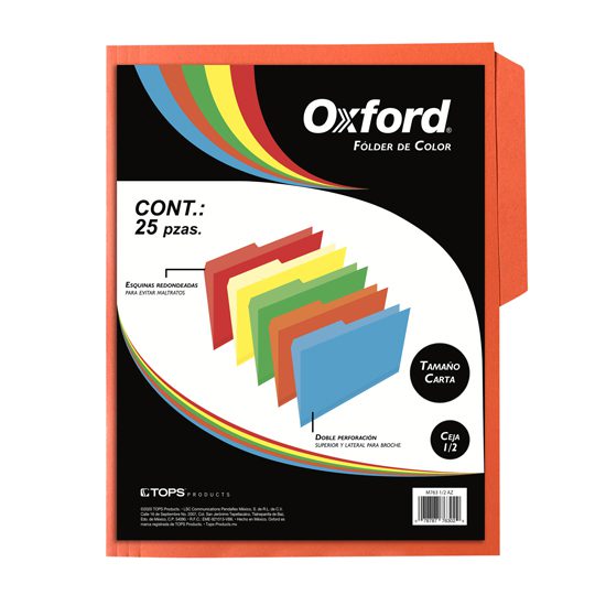 Folder de color Oxford carta color naran Papel de color de 164 g, pre-suajado superior y lateral para broche de 8 cm, dobleces adicionales para expansión de hasta 2 cm, paquete con 25 piezas.                                                                                                          ja ceja 1/2 caja con 25 pzas             - OXFORD