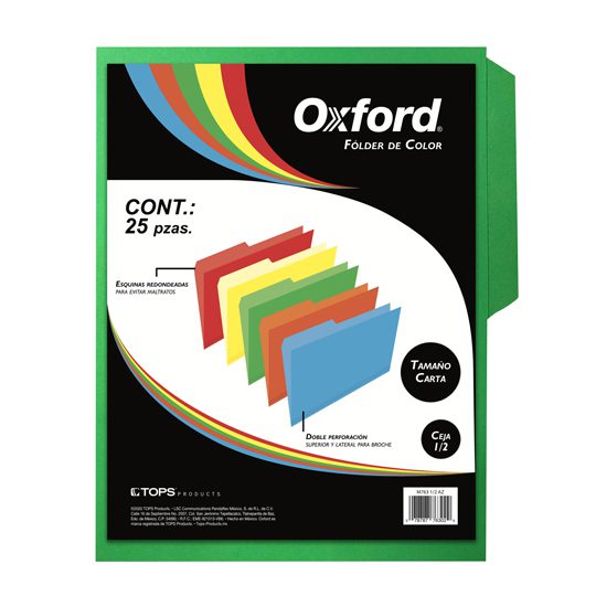 Folder de color Oxford carta color verde Papel de color de 164 g, pre-suajado superior y lateral para broche de 8 cm, dobleces adicionales para expansión de hasta 2 cm, paquete con 25 piezas.                                                                                                           ceja 1/2 caja con 25 pzas               - M763 1/2 VD