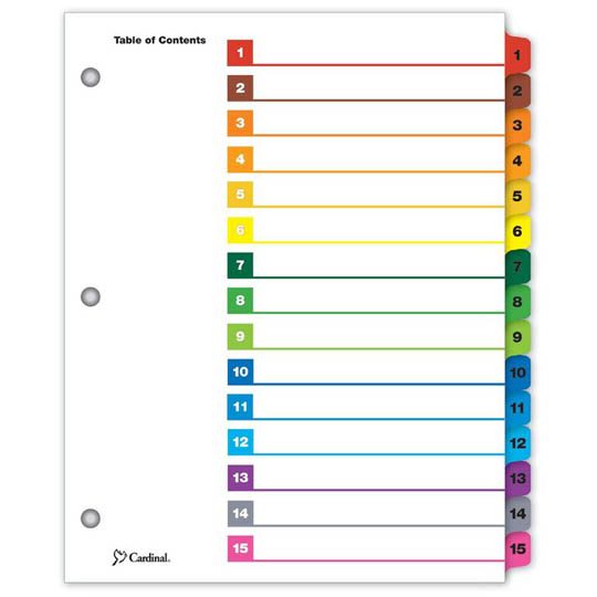 Separador numérico con índice Cardinal c Tabla de contenido personalizable, cejas de colores, se puede usar vertical u horizontalmente, las plantillas para la tabla de contenido son fáciles de usar y están disponibles en línea (detalles en el empaque), cejas y orilla de encuadernado reforzadas p arta 1-15 divisiones impresas            - E61518