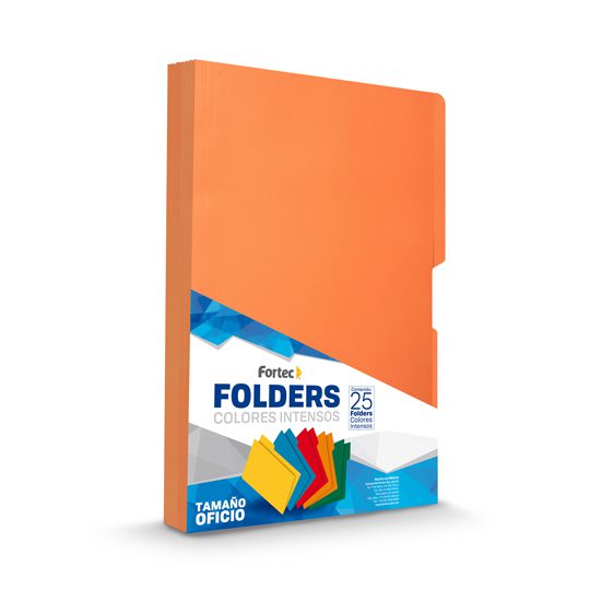 Folder intenso Fortec oficio color naran Folder tradicional con 1/2 ceja, cartulina bristol de 165 gr, color intenso, suaje para broche de 8 cm, guías para mayor capacidad, medida: 23.8 x 34.5 cm.                                                                                                     ja ceja 1/2 caja con 25 pzas             - FF-1461