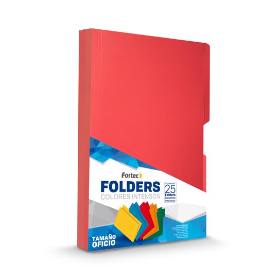 Folder intenso Fortec oficio color rojo  Folder tradicional con 1/2 ceja, cartulina bristol de 165 gr, color intenso, suaje para broche de 8 cm, guías para mayor capacidad, medida: 23.8 x 34.5 cm.                                                                                                     ceja 1/2 caja con 25 pzas                - FORTEC