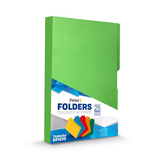 Folder intenso Fortec oficio color verde Folder tradicional con 1/2 ceja, cartulina bristol de 165 gr, color intenso, suaje para broche de 8 cm, guías para mayor capacidad, medida: 23.8 x 34.5 cm.                                                                                                     ceja 1/2 caja con 25 pzas                - FF-1465