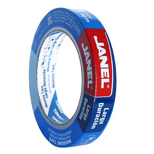 Masking tape 230 azul JANEL 18x50 1 piez Cinta adhesiva masking tape alto: 1.78, ancho:11.59, largo: 11.59, respaldo: papel crepé, adhesivo acrílico, color de linea azul, espesor total de 85 micras+- 0.2 micras, adhesión media, aplicable para pintado de paredes, madera, vidrio o metal            a                                        - JANEL