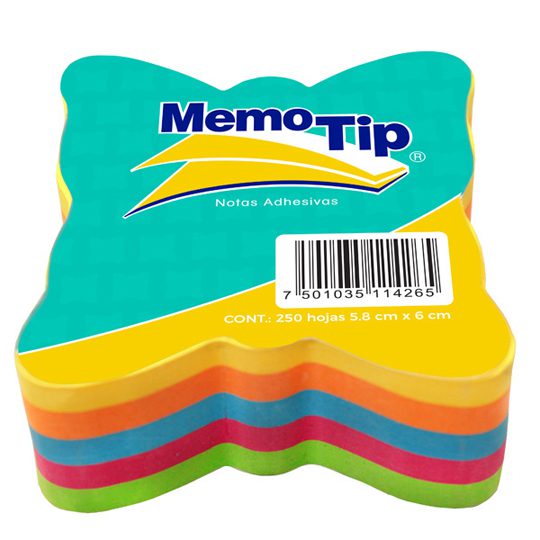 Memo tip forma mariposa con 250 hojas de Con 5 colores : verde, rosa, azul, naranja y amarillo, se aplican sobre cualquier superficie y se colocan una y otra vez sin dejar residuos.  Construccion: papel bond de 70 gr/m2, adhesivo: acrilico                                                          7.62 x 6.9 cm                            - 6600303MARIPOSA