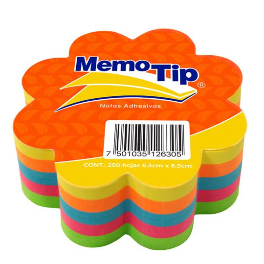 Memo tip forma flor con 250 hojas de 6.3 Con 5 colores : verde, rosa, azul, naranja y amarillo, se aplican sobre cualquier superficie y se colocan una y otra vez sin dejar residuos.  Construccion: papel bond de 70 gr/m2, adhesivo: acrilico                                                          x 6.3 cm                                 - JANEL