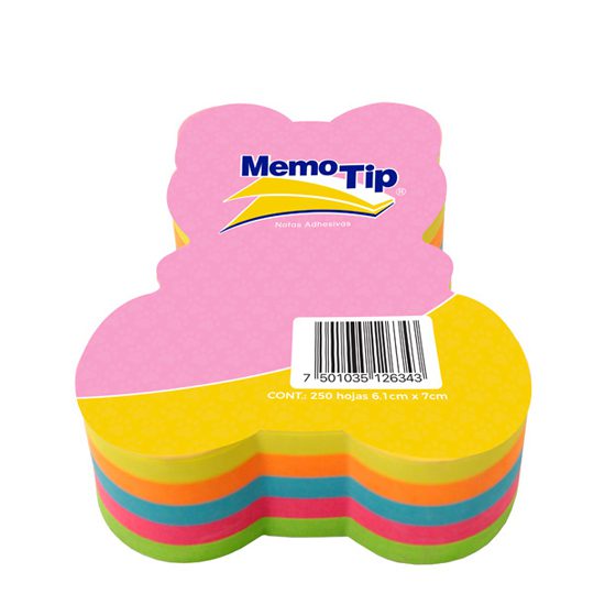 Memo tip forma oso con 250 hojas de 6    Con 5 colores : verde, rosa, azul, naranja y amarillo, se aplican sobre cualquier superficie y se colocan una y otra vez sin dejar residuos.  Construccion: papel bond de 70 gr/m2, adhesivo: acrilico                                                          x 7 cm                                   - 6600303250OSO