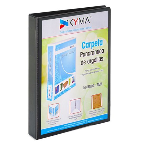 Carpeta KYMA panoramica de vinil 1 pulga Carton rigido 2.0 mm espesor, forro vinil blanco cal. 8, cubierta cristal s/rigido transparente cal. 8, herraje metalico, remache metalico, 2 bolsas interiores, peso: 0.428 kg, largo: 26cm, ancho: 4cm y alto 29.4cm                                          da  arrillo en O negra 1 pieza           - CPKCBHO-100-NGR