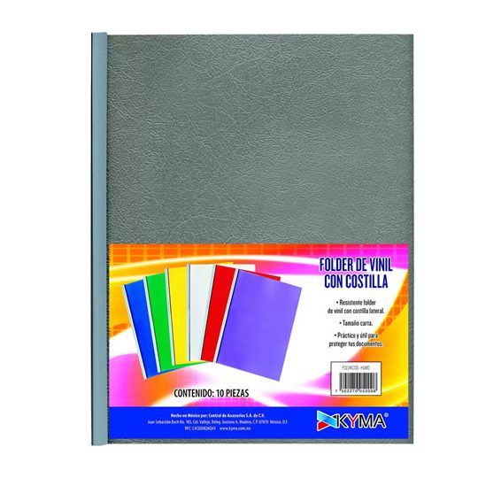 Folder vinil KYMA con costilla color hum Folder vinil con costilla marca KYMA, material chiapas rigido, garmage 350g/m2, costilla para folder peso unitario 0.022kg, tamaño carta. Paquete con 10 piezas en color humo, envueltos en una bolsa de polipropileno de 24cmx31cm                             o paquete con 10 piezas                  - FOLVIKCOS-HUM