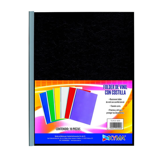 Folder vinil KYMA con costilla color neg Folder vinil con costilla marca KYMA, material chiapas rigido, garmage 350g/m2, costilla para folder peso unitario 0.022kg, tamaño carta. Paquete con 10 piezas en color negro, envueltos en una bolsa de polipropileno de 24cmx31cm                            ro paquete con 10 piezas                 - KYMA