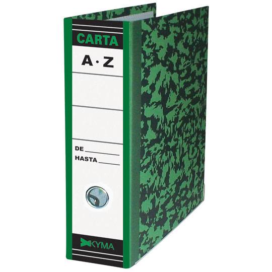 Registrador KYMA verde jaspeado con pala Carton rigido 1.75mm espesor, cubierta exterior papel bond impresion, esquinero largo, ojillo: 1 pulg de diametro, herraje metalico: 2 argollas para registrador, opresor de plastico, remache zincado, peso:0.394 kg, largo:27cm, ancho:8cm y alto:30cm        nca  tamano carta con 2 argollas 1pieza  - REGIS-KY-VJ