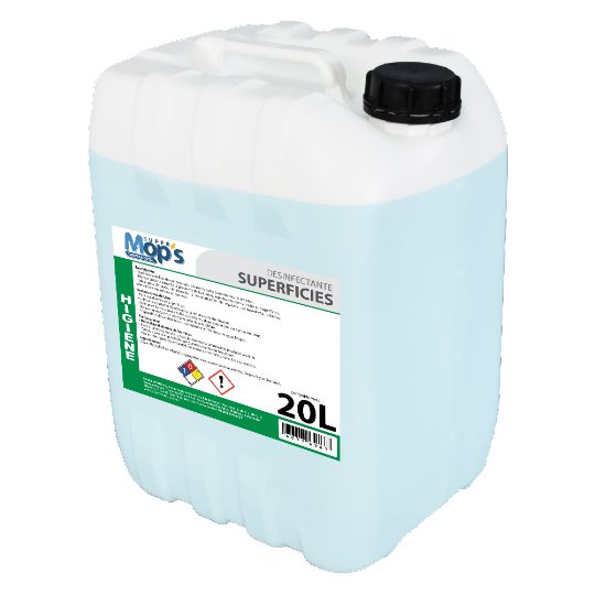 Desinfectante para superficies de 20 Lt. Desinfectante superficies y limpiador líquido antibacterial base agentes cuaternarios de amonio bidón de 20l elimina el 99.9 de gérmenes Lt.,uso directo en superficies                                                                                         .                                        - MOPS698