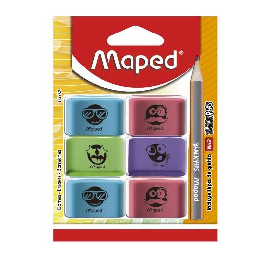 Goma essentials soft color Maped con 6 p Formato pequeño, libre de PVC, incluye un lápiz black peps, blíster con 6 piezas                                                                                                                                                                                iezas de color y diseño                  - MAPED
