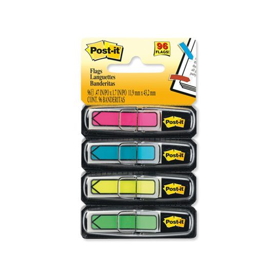 Banderitas Mod. 684-ARR4 flecha Post-it  Enfatiza informacion importante para ahorrar tiempo, no danannla superficie al retirarlas, se puede escribir sobre ellas, en total 96 banderitas, 4 colores, rojo, amarillo, azul, verde, medidad: 1.19 cm x 4.3cm                                              0.47x1.7 pulgadas 4 colores neón         - POST-IT