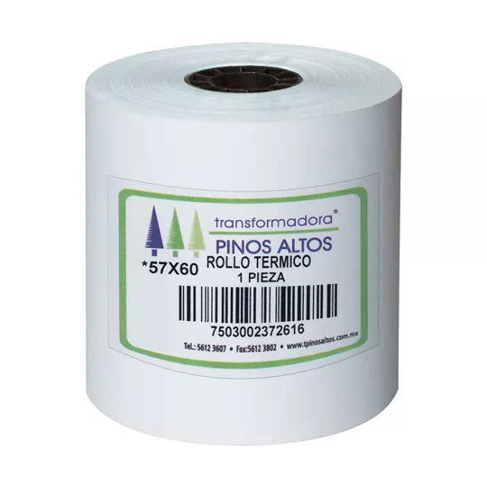 Rollo de papel térmico Pinos Altos 57 x  Rollo de papel térmico, centro tipo panal de plástico reciclado, medida: 57 x 60 mm, rápida impresión.                                                                                                                                                          60 mm caja con 50 rollos a granel        - PINOS ALTOS
