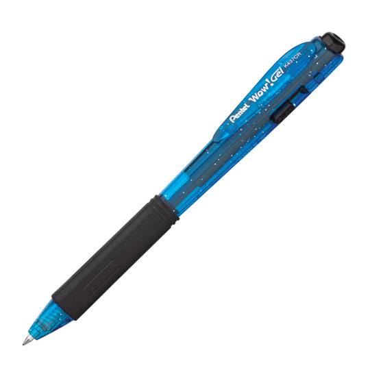 Bolígrafo Pentel wow gel, punto 0.7 mm ( Bolígrafo Pentel triangular retráctil tinta azul, tinta permanente en gel resistente al agua y decoración  color azul, con agarre de caucho, con grip libre de latex, barril brillante con destellos                                                            mediano), color azul, 1 pieza            - K437CR-C