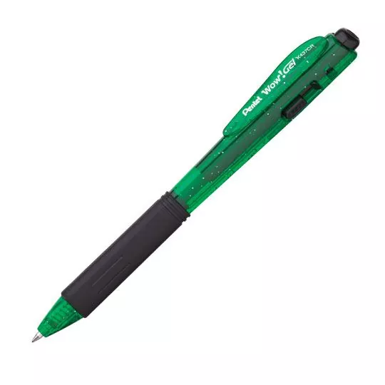 Bolígrafo retráctil wow Pentel , punto 0 Bolígrafo retráctil wow Pentel gel color verde, punta 0.7 mm, con grip libre de latex, tinta en gel color rojo, de cuerpo triangular del mismo color de la tinta, tinta resistente a l agua, barril con brillos                                                 .7 mm (mediano), gel verde, 1 pieza      - K437CR-D
