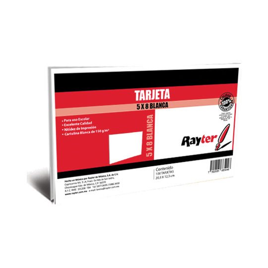 Tarjeta de trabajo Rayter, 5x8 bca, colo Tarjeta de trabajo Rayter, 5x8 bca, color blanco, con 100 piezas - 01TTB