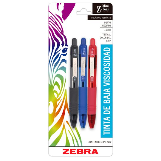 Bolígrafo mini z grip, punto medio 1.0 m Bolígrafo mini z grip, punto medio 1.0 mm, tinta de baja viscosidad, clip metálico para fácil transportación y evitar perdidas,  color negro, azul y rojo,                                                                                                      m, color negro, azul y rojo, 3 piezas    - 7907-36