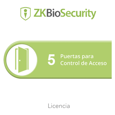 Licencia para ZKBiosecurity permite gestionar hasta 5 puertas para control de acceso <br>  <strong>Código SAT:</strong> 81112501 <img src='https://ftp3.syscom.mx/usuarios/fotos/logotipos/zkteco.png' width='20%'>  - ZKTECO