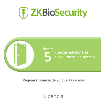 Licencia para ZKBiosecurity permite agregar 5 puertas adicionales (requiere licencia de 25 puertas o mas) <br>  <strong>Código SAT:</strong> 81112501 <img src='https://ftp3.syscom.mx/usuarios/fotos/logotipos/zkteco.png' width='20%'>  - ZKTECO