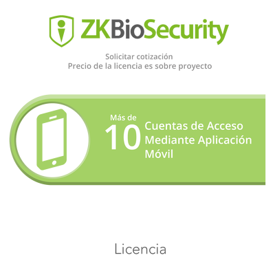 Licencia para ZKBiosecurity para mas de 10 cuentas de acceso mediante aplicación móvil <br>  <strong>Código SAT:</strong> 81112501 <img src='https://ftp3.syscom.mx/usuarios/fotos/logotipos/zkteco.png' width='20%'>  - ZK-BS-APP-PRJ