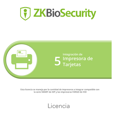 Licencia para ZKBiosecurity para integracion de 5 impresoras de tarjetas <br>  <strong>Código SAT:</strong> 81112501 <img src='https://ftp3.syscom.mx/usuarios/fotos/logotipos/zkteco.png' width='20%'>  - ZKTECO