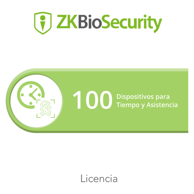 Licencia para ZKBiosecurity permite gestionar hasta 100 dispositivos para tiempo y asistencia <br>  <strong>Código SAT:</strong> 81112501 <img src='https://ftp3.syscom.mx/usuarios/fotos/logotipos/zkteco.png' width='20%'>  - ZK-BS-TA-100