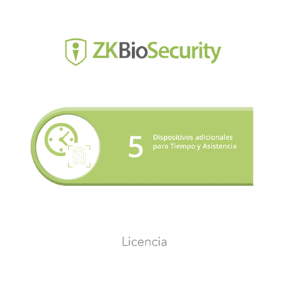 Licencia para ZKBiosecurity permite gestionar hasta 5 dispositivos para tiempo y asistencia <br>  <strong>Código SAT:</strong> 81112501 <img src='https://ftp3.syscom.mx/usuarios/fotos/logotipos/zkteco.png' width='20%'>  - ZKBSTA5