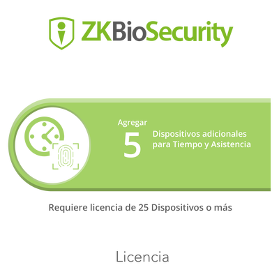 Licencia para ZKBiosecurity permite agregar 5  dispositivos para tiempo y asistencia adicionales (requiere licencia de 25 dispositivos o mas) <br>  <strong>Código SAT:</strong> 81112501 <img src='https://ftp3.syscom.mx/usuarios/fotos/logotipos/zkteco.png' width='20%'>  - ZKTECO