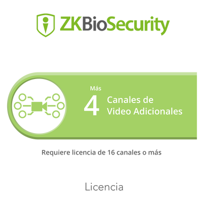 Licencia para ZKBiosecurity para modulo de video para 4 canales de video adicionales (requiere licencia de 16 canales o mas) <br>  <strong>Código SAT:</strong> 81112501 <img src='https://ftp3.syscom.mx/usuarios/fotos/logotipos/zkteco.png' width='20%'>  - ZKTECO