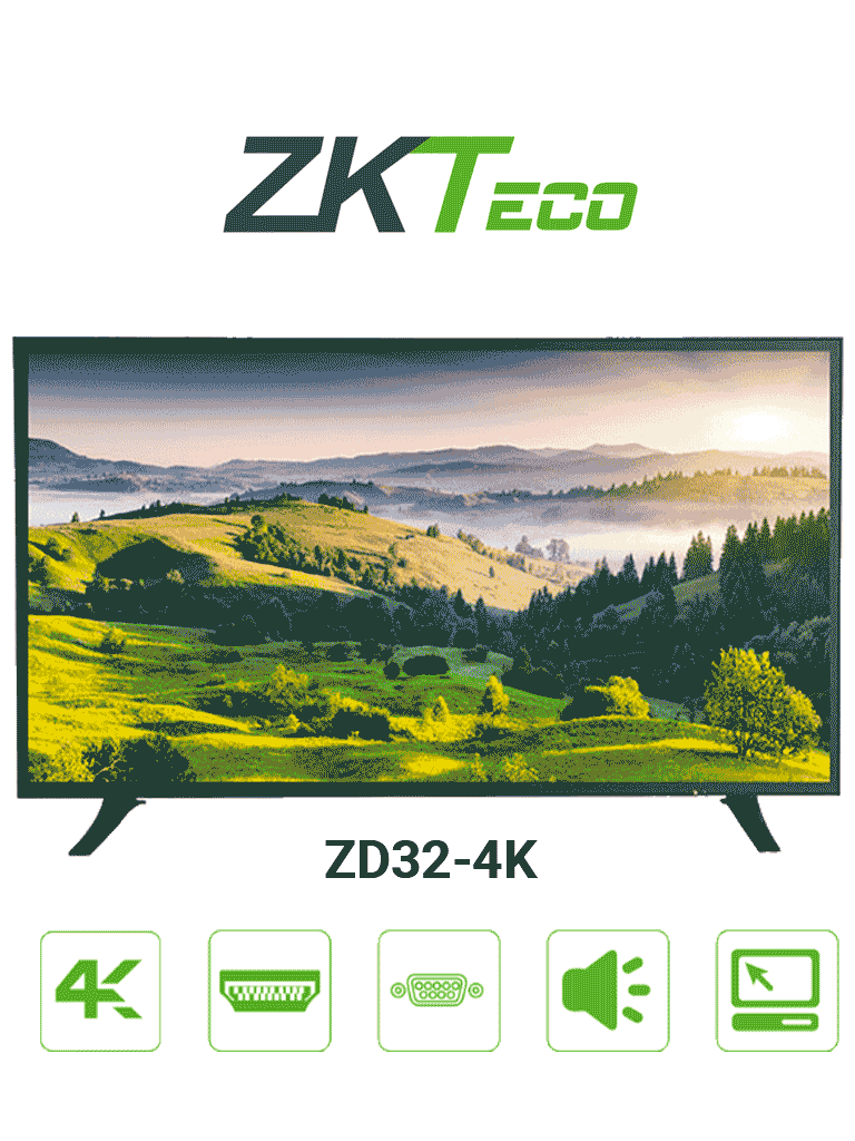 ZKTECO ZD324K - Monitor LED UHD Profesional de 32 pulgadas / Resolución  3840 x 2160 / 3 Entradas de video HDMI y 1 VGA / Altavoces Incorporados /  Ángulo de Visión Horizontal 170° / Soporte VESA / Operación24/7 / Incluye  Cable HDMIZD32-4K